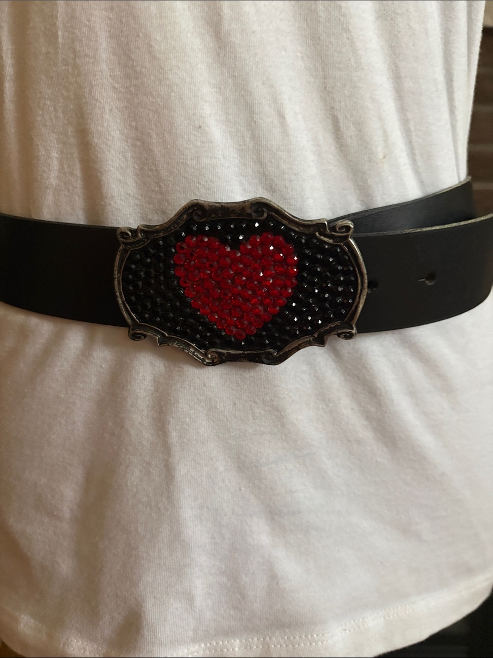 Black  Belt with Red Heart Crystal Buckle